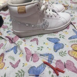 Nike Kids White High-Top Sneakers with Crystal-Embellished Swoosh and Tan Tab